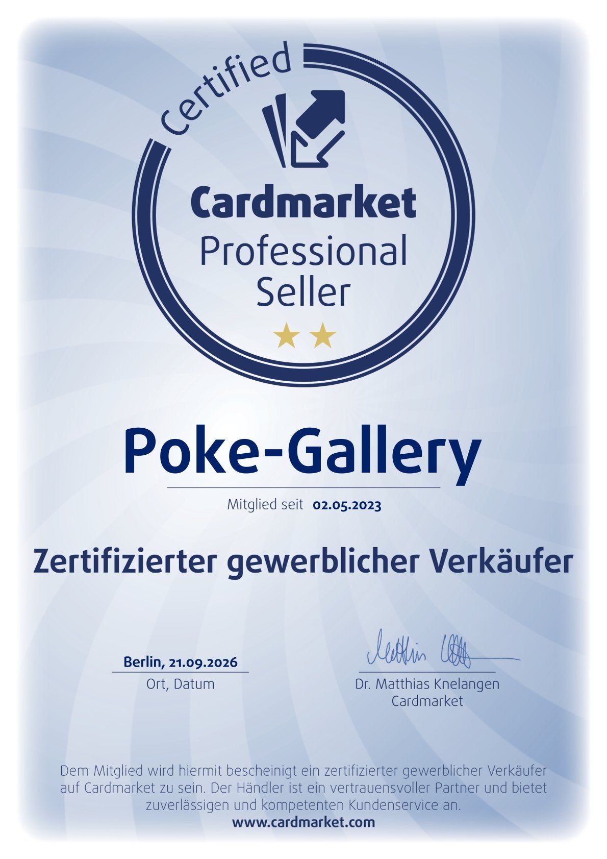 Cardmarket-Zertifikat von POKE-GALLERY