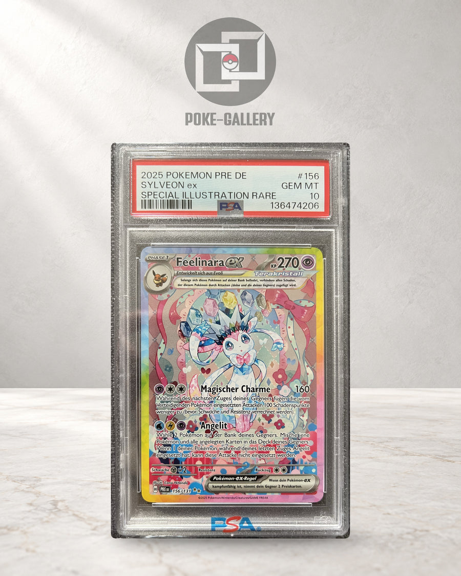 Feelinara ex 156/131 aus Prismatische Entwicklungen, deutsche Pokémon-Karte im PSA-10-Slab, CERT 136474206, vor dem POKE-GALLERY-Logo.