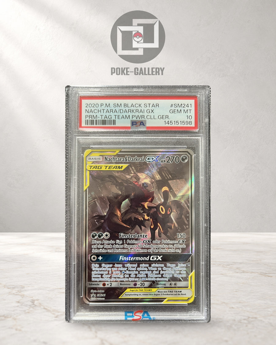 Nachtara & Darkrai GX SM241, deutsche Pokémon-Karte im PSA-10-Slab, CERT 145151598, vor dem POKE-GALLERY-Logo.