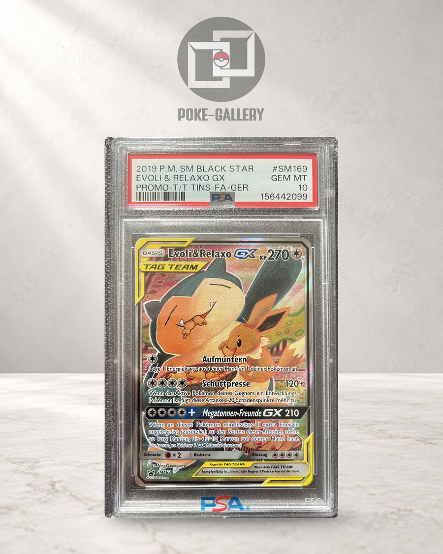 Evoli & Relaxo GX SM169, deutsche Pokémon-Karte im PSA-10-Slab, CERT 156442099, vor dem POKE-GALLERY-Logo.