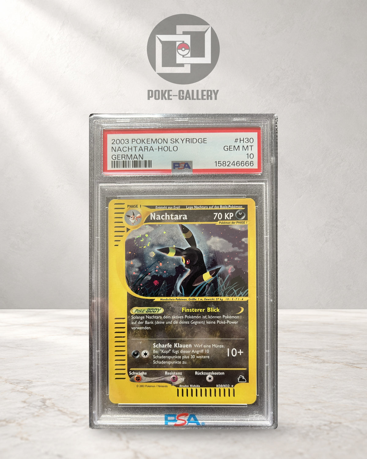 Nachtara H30 aus Skyridge, deutsche Pokémon-Karte im PSA-10-Slab, CERT 158246666, vor dem POKE-GALLERY-Logo.