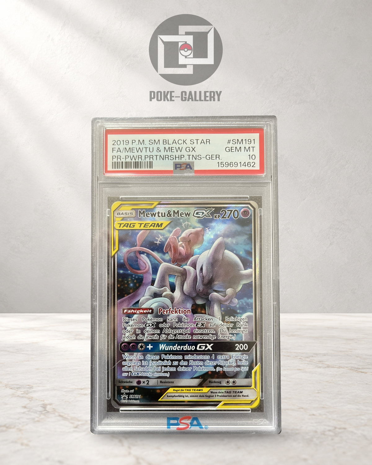 Pokemon Karte Mewtwo & Mew GX (SM 191) PSA 10 - SM Black Star Promos - Deutsch · CERT 159691462 · Poke-Gallery