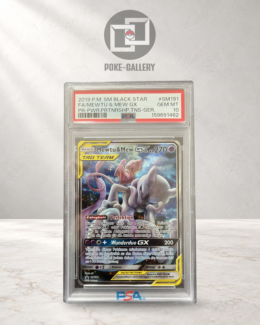 Pokemon Karte Mewtwo & Mew GX (SM 191) PSA 10 - SM Black Star Promos - Deutsch · CERT 159691462 · Poke-Gallery