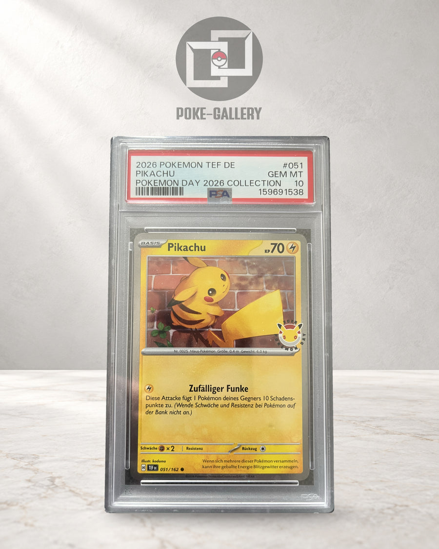Pokemon Karte Pikachu (TEF 051) PSA 10 Pop 12! Swirl! - Gewalten der Zeit - Deutsch · CERT 159691538 · Poke-Gallery