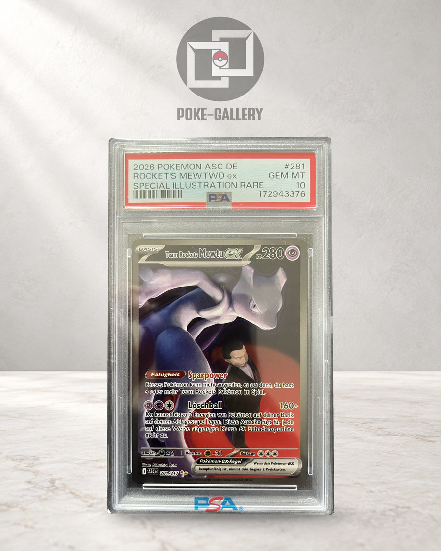 Pokémon Karte Team Rockets Mewtu ex (ASC 281) PSA 10 - Erhabene Helden - Deutsch · CERT 172943376 · Poke-Gallery