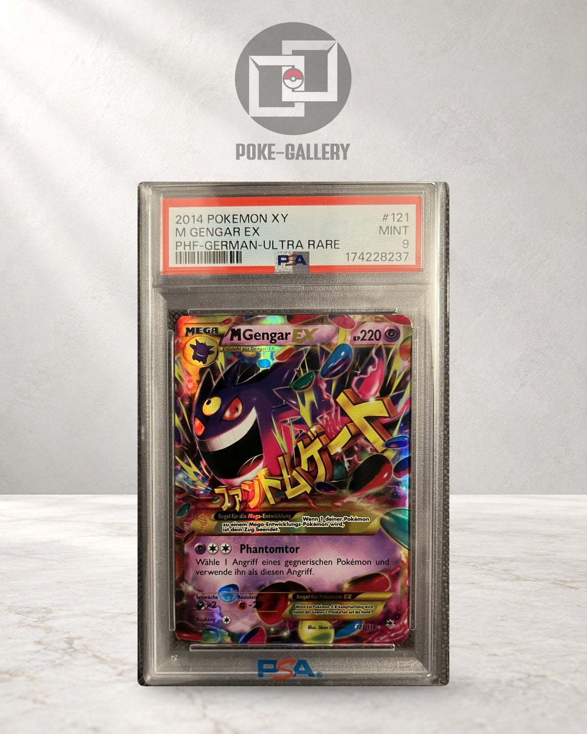 Deutsches M Gengar EX 121/119 aus XY Phantomkräfte von 2014 im PSA-9-Slab, CERT 174228237, mit großem japanischem Schriftzug.