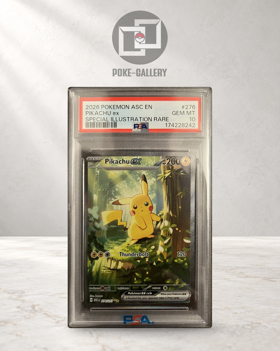 Englisches Pikachu ex 276/217 aus Ascended Heroes im PSA-10-Slab, CERT 174228242, mit Waldillustration von booota.