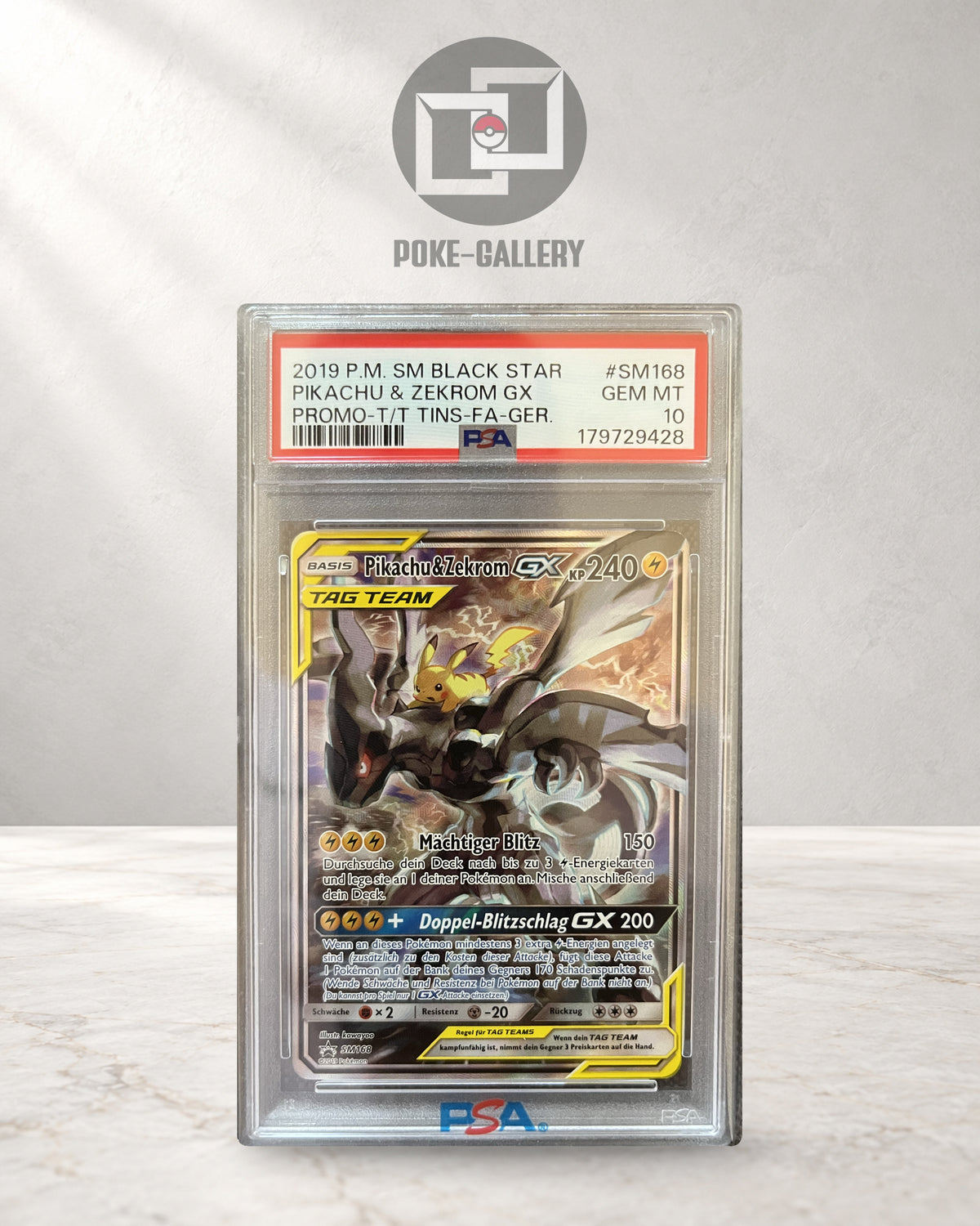 Deutsches Pikachu & Zekrom GX SM168 als Full-Art-TAG-TEAM-Promo im PSA-10-Slab, CERT 179729428.