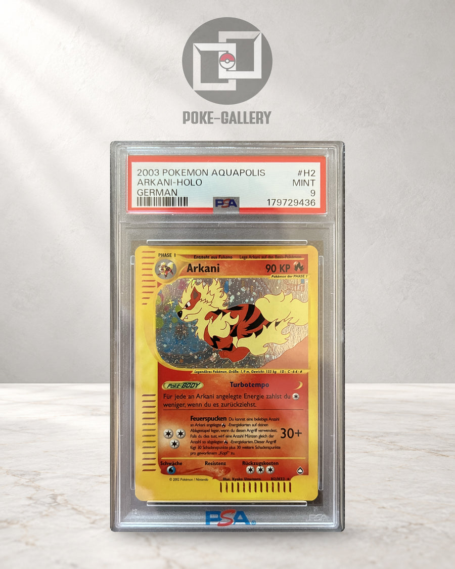 Deutsches Arkani H2/H32 Holo aus Aquapolis im PSA-9-Slab, CERT 179729436, mit Illustration von Kyoko Umemoto.