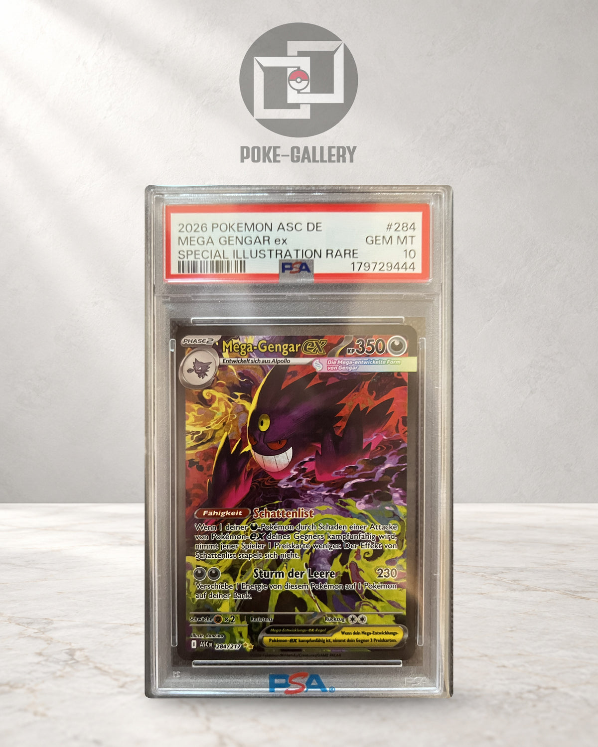 Mega Gengar ex 284/217 aus Erhabene Helden auf Deutsch im PSA-10-Slab, CERT 179729444, mit violettem Gengar und leuchtenden Farbwirbeln.