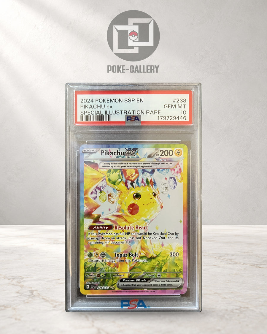 Englisches Pikachu ex 238/191 aus Surging Sparks im PSA-10-Slab, CERT 179729446, mit kristallinem Pikachu und farbigen Edelsteinen.