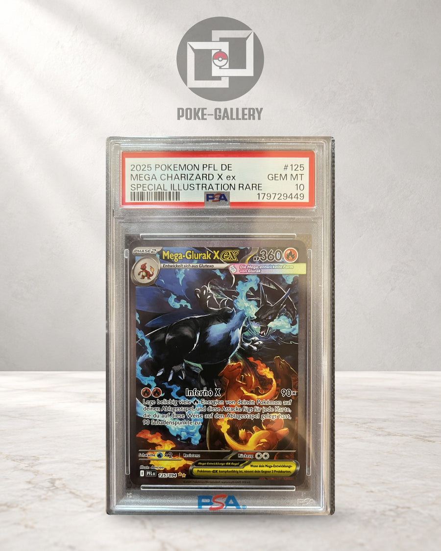 Deutsches Mega Glurak X ex 125/094 aus Fatale Flammen im PSA-10-Slab, CERT 179729449, mit blauen und orangefarbenen Flammen.